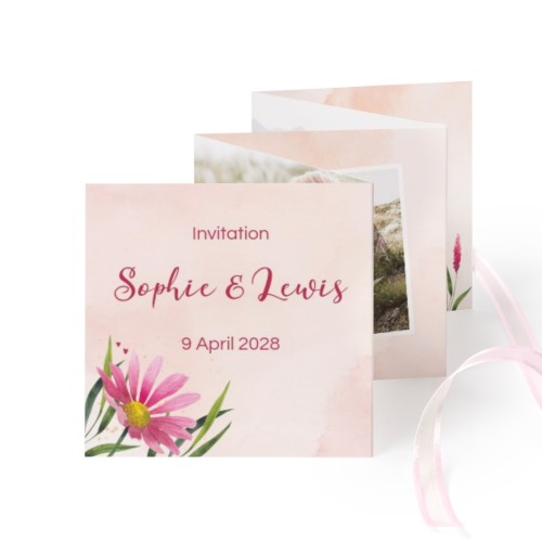 Grusskarte 10-seitig quadratisch Rosa Schleife - 12 Stk. (8 x 8 cm)