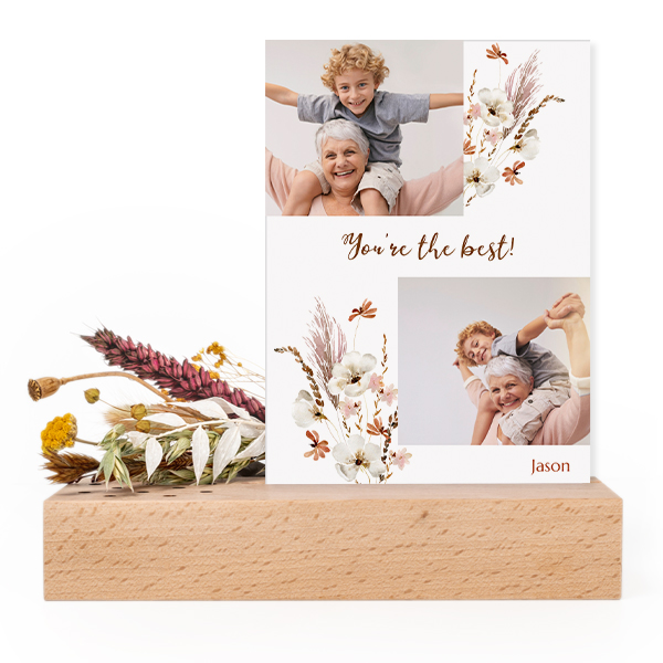 Forex kaart in houten houder met droogbloemen Forex kaart in houten houder met droogbloemen
