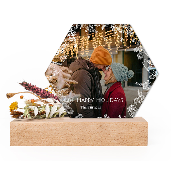 Forex-Karten Hexagon im Holzaufsteller & Trockenblumen