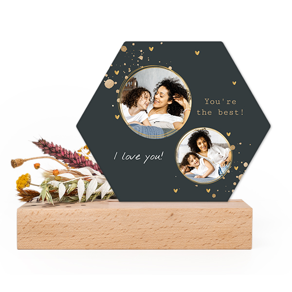 Forex kaart hexagon in houten houder met droogbloemen
