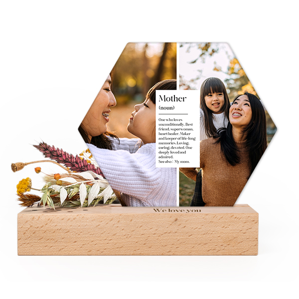 Forex luxe hexagone sur support en bois personnalisé & fleurs séchées