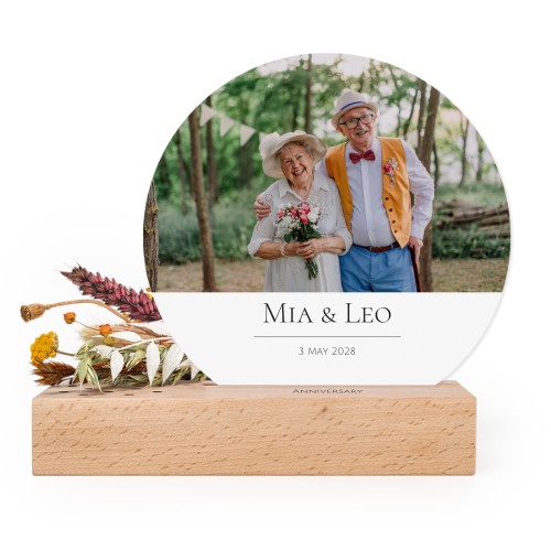 Forex kaart rond in houten houder met full color print en droogbloemen