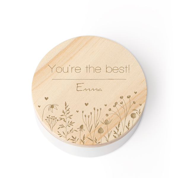 Tin box wooden lid engraved - set of 12