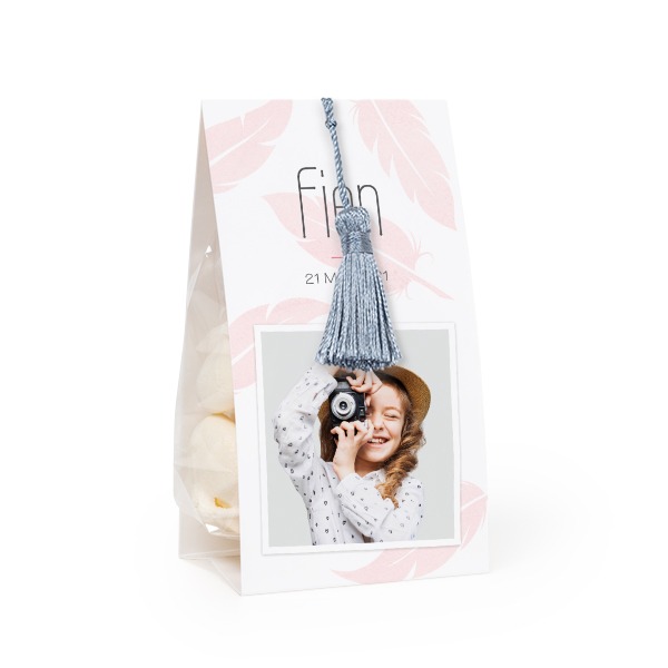 Candy bag with photo-wrapping and silver blue tassel - set of 12