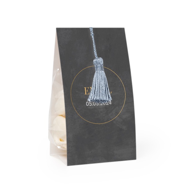 Candy bag with photo-wrapping and silver blue tassel - set of 12
