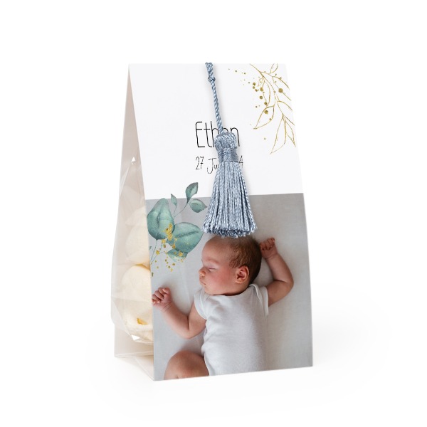 Candy bag with photo-wrapping and silver blue tassel - set of 24