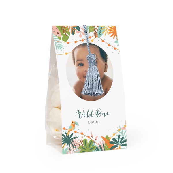 Candy bag with photo-wrapping and silver blue tassel - set of 24