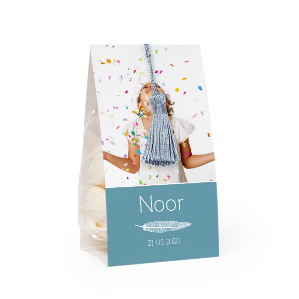 Snoepzakje met fotoverpakking en zilverblauw kwastje - Set van 24