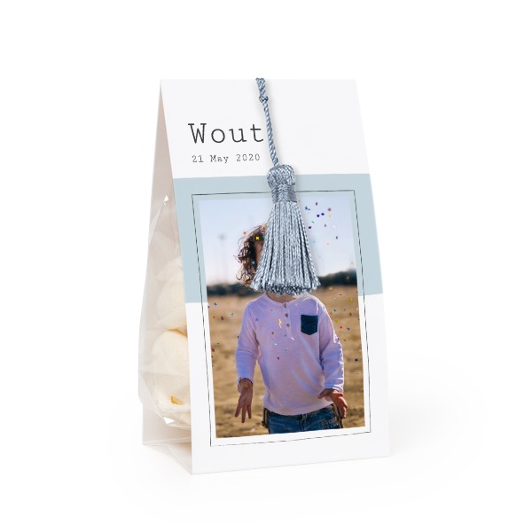 Candy bag with photo-wrapping and silver blue tassel - set of 24
