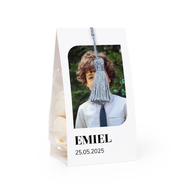 Candy bag with photo-wrapping and silver blue tassel - set of 24