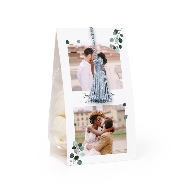 Candy bag with photo-wrapping and silver blue tassel - set of 24