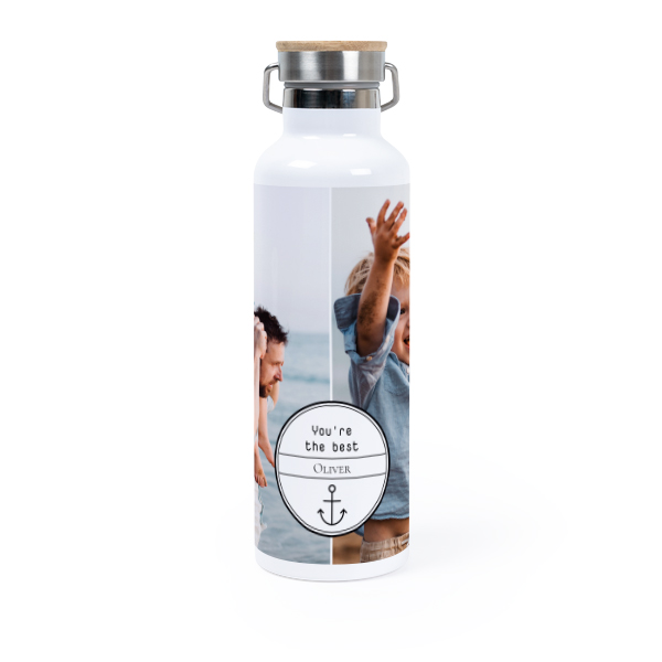 Personalisierte Trinkflasche mit Bambusdeckel (750 ml, Weiss)