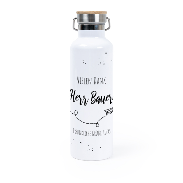 Personalisierte Trinkflasche mit Bambusdeckel (750 ml, Weiss)