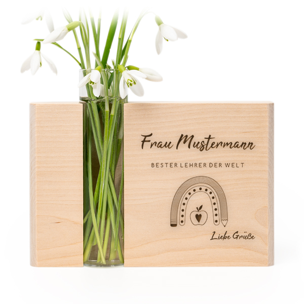 Gravierter Holzblock mit Reagenzglas Vase Gravierter Holzblock mit Reagenzglas Vase