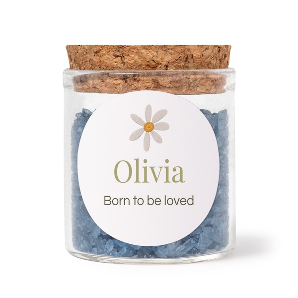 Glazen potjes met ronde stickers en blauw badzout (set van 12)