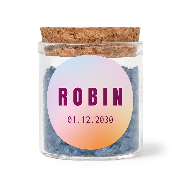 Glazen potjes met ronde stickers en blauw badzout (set van 12)
