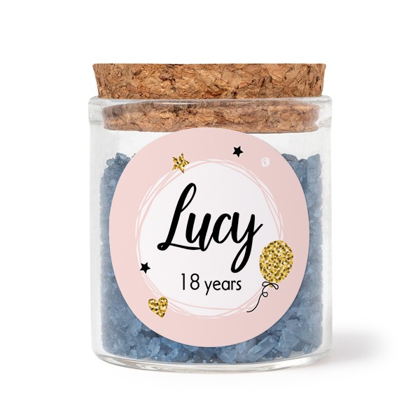 Mini-Glas mit rundem Sticker u. blauem Badesalz - 12 Stk.