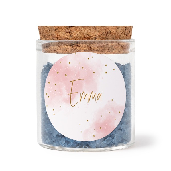 Glazen potjes met ronde stickers en blauw badzout (set van 12)