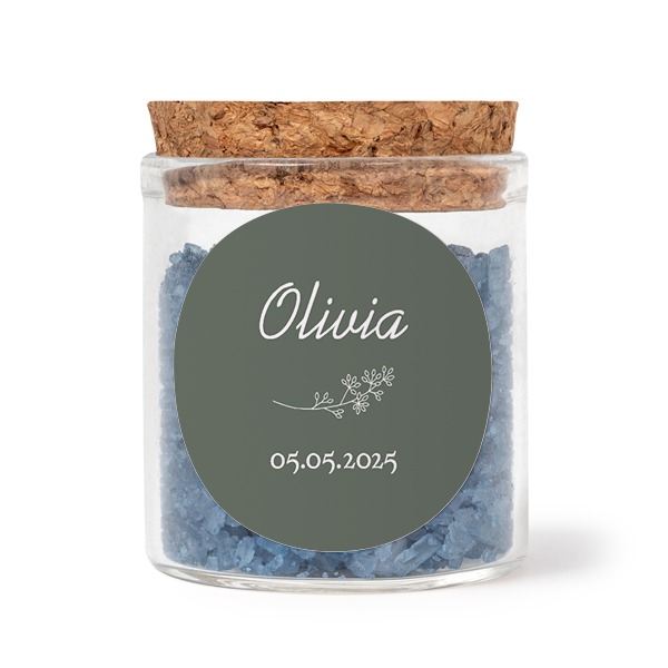 Mini-Glas mit rundem Sticker u. blauem Badesalz - 12 Stk.