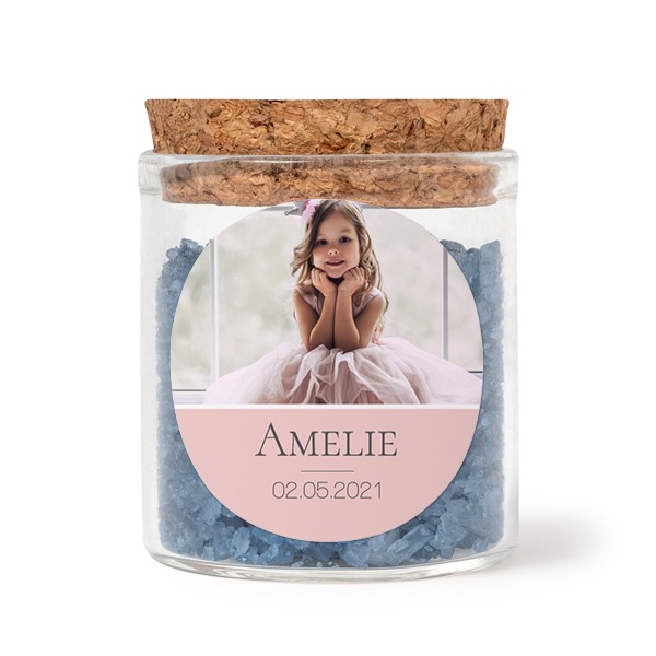 Glass jars with round stickers and blue bath salt - set of 12