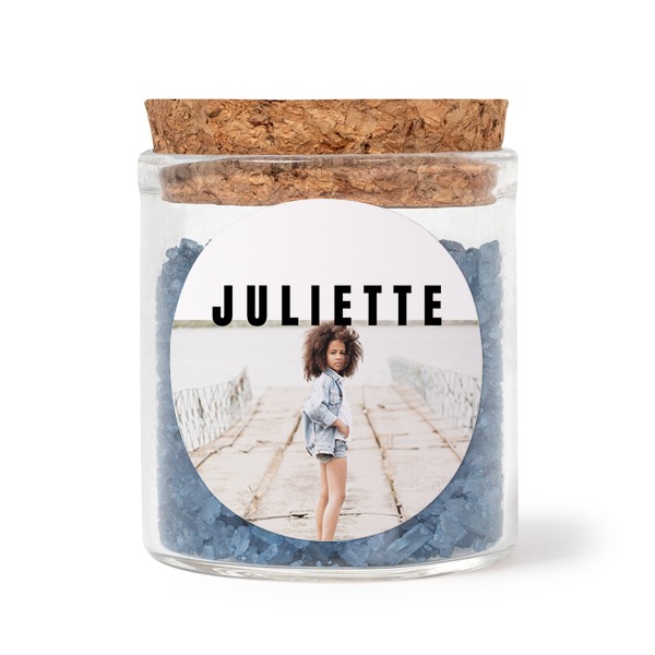 Glass jars with round stickers and blue bath salt - set of 12