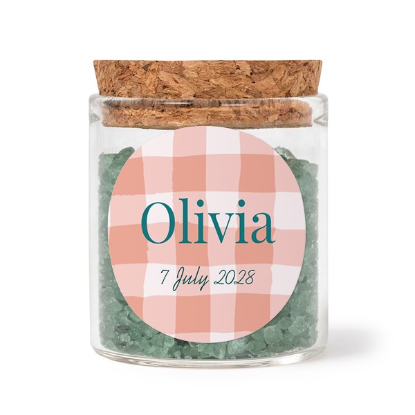 Glazen potjes met ronde stickers en groen badzout (set van 12)