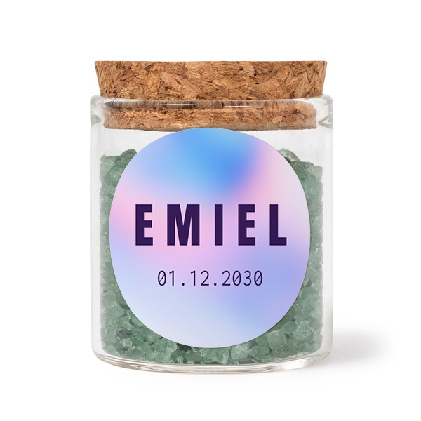 Mini-Glas mit rundem Sticker u. grünem Badesalz - 12 Stk.