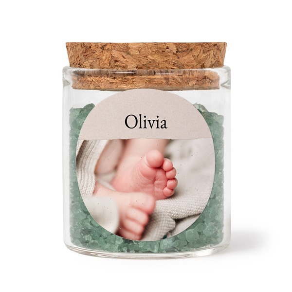 Glazen potjes met ronde stickers en groen badzout (set van 12)