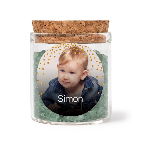 Glazen potjes met ronde stickers en groen badzout (set van 12)
