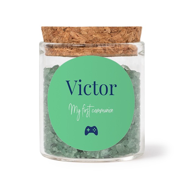 Glass jars with round stickers and green bath salt - set of 12