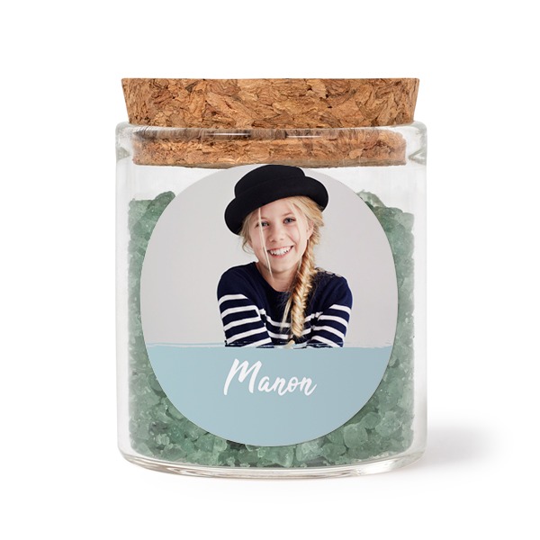 Glass jars with round stickers and green bath salt - set of 12