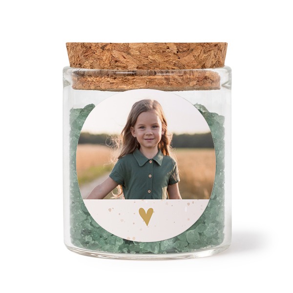Glazen potjes met ronde stickers en groen badzout (set van 12)