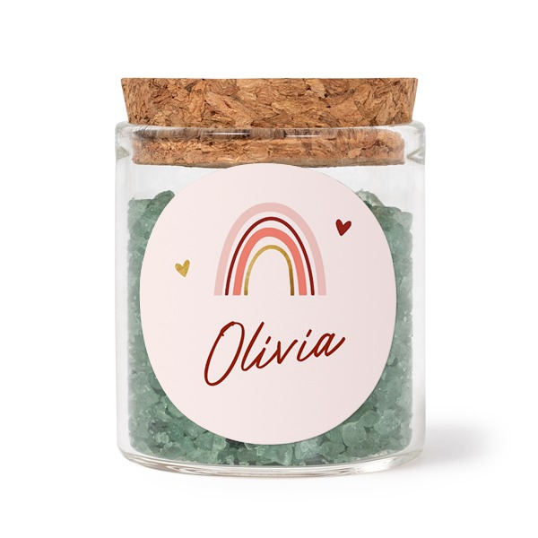 Glazen potjes met ronde stickers en groen badzout (set van 12) Glazen potjes met ronde stickers en groen badzout (set van 12)