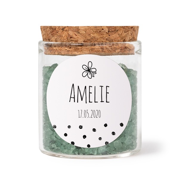 Glazen potjes met ronde stickers en groen badzout (set van 12)