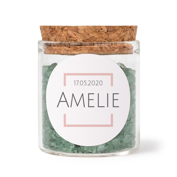 Glazen potjes met ronde stickers en groen badzout (set van 12)
