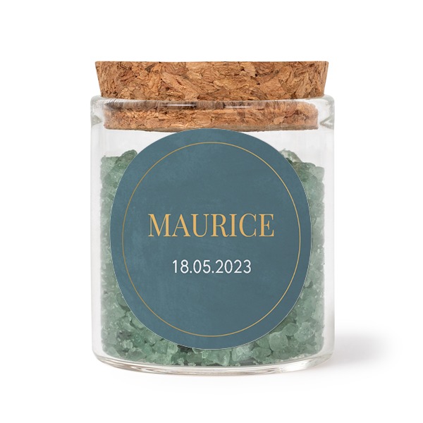 Glazen potjes met ronde stickers en groen badzout (set van 12) Glazen potjes met ronde stickers en groen badzout (set van 12)