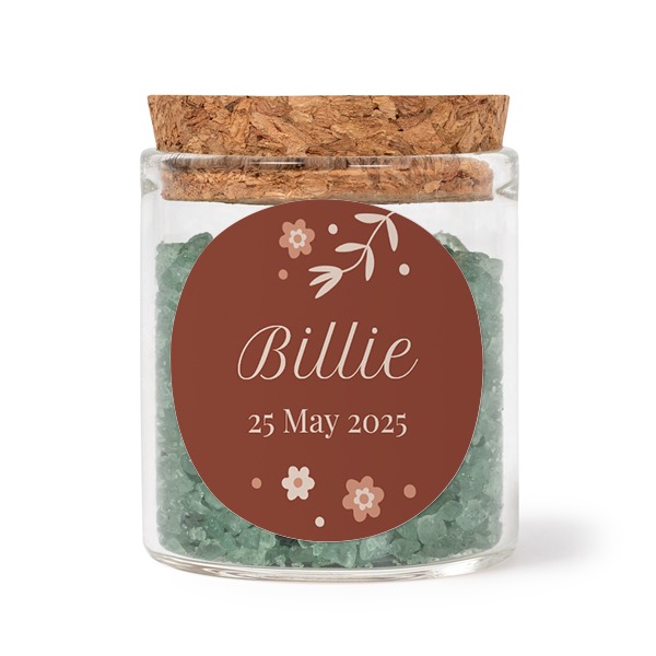 Glass jars with round stickers and green bath salt - set of 12