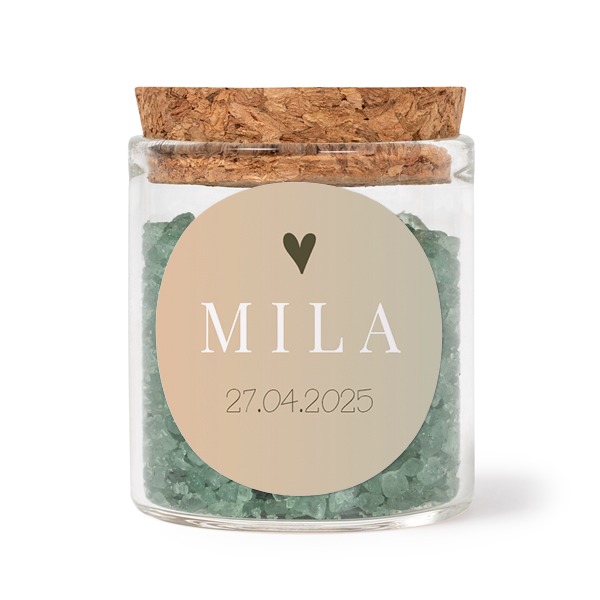 Glass jars with round stickers and green bath salt - set of 12