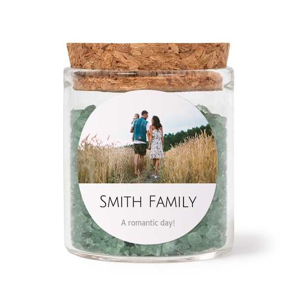 Glass jars with round stickers and green bath salt - set of 12