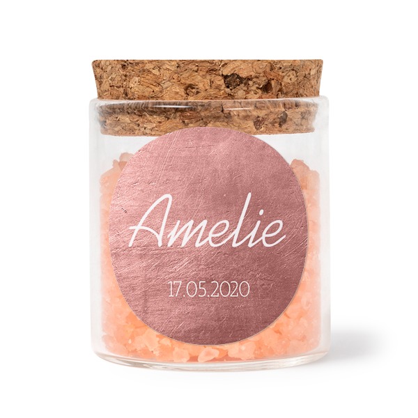 Glasskrukker med runde klistremerker og rosa badesalt - 12 stk