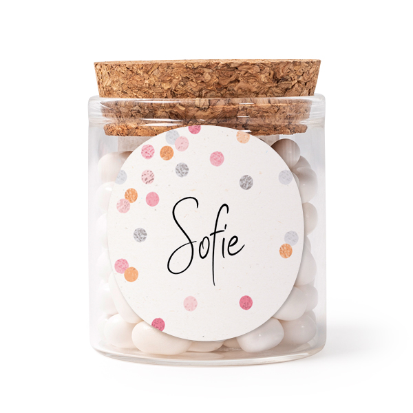 Glass jars with round stickers - set of 12 Glass jars with round stickers - set of 12