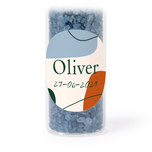 Glass tubes with round stickers & blue bath salt - set of 12