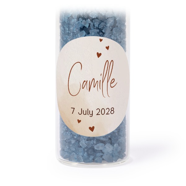 Glazen buisjes met ronde stickers & blauw badzout - set van 12