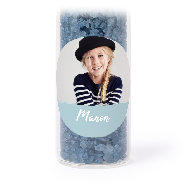 Glazen buisjes met ronde stickers & blauw badzout - set van 12