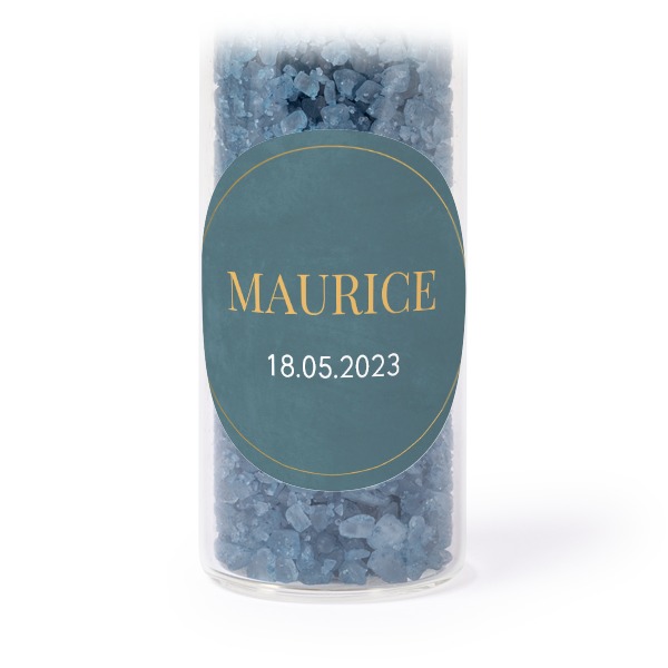 Glazen buisjes met ronde stickers & blauw badzout - set van 12 Glazen buisjes met ronde stickers & blauw badzout - set van 12