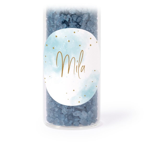 Tube avec sticker rond &amp; sel de bain bleu (lot de 12)