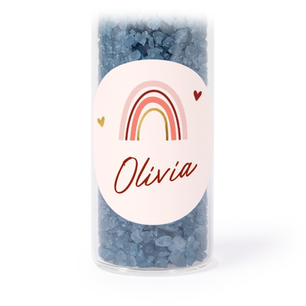 Glazen buisjes met ronde stickers & blauw badzout - set van 12 Glazen buisjes met ronde stickers & blauw badzout - set van 12