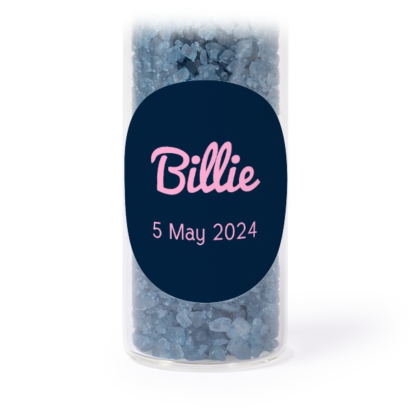 Glass tubes with round stickers & blue bath salt - set of 12