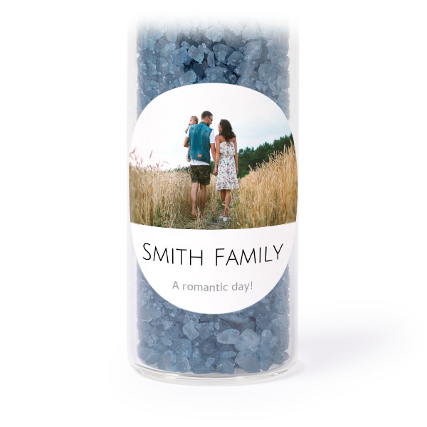 Glass tubes with round stickers & blue bath salt - set of 12
