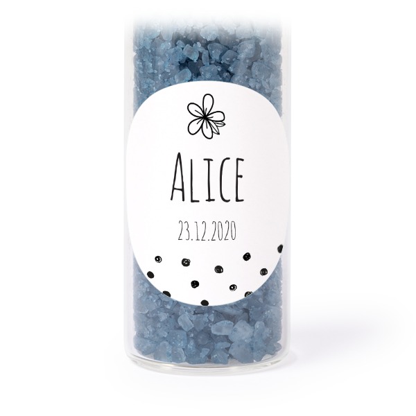 Glazen buisjes met ronde stickers & blauw badzout - set van 12